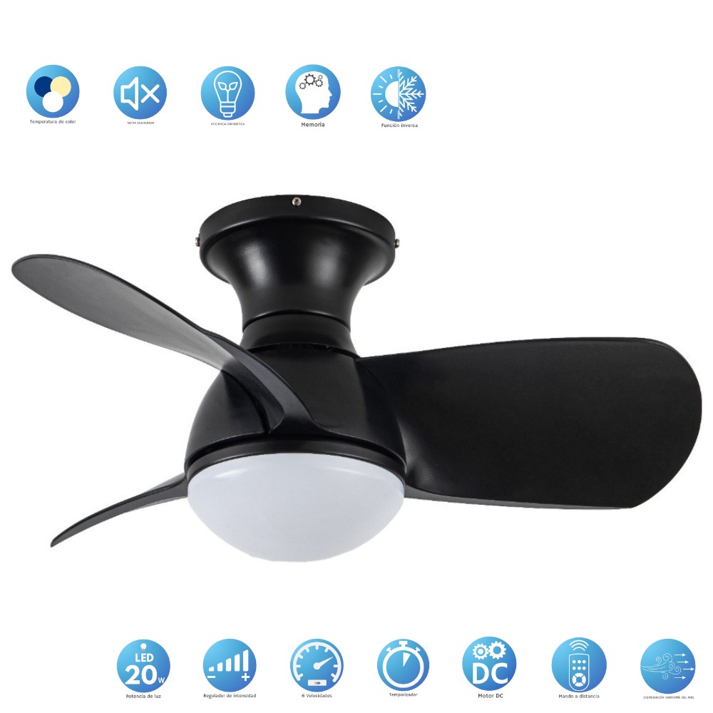 KUKI Ventilatore DC LED nero dimmerabile CCT dimmerabile e timer akunadecor